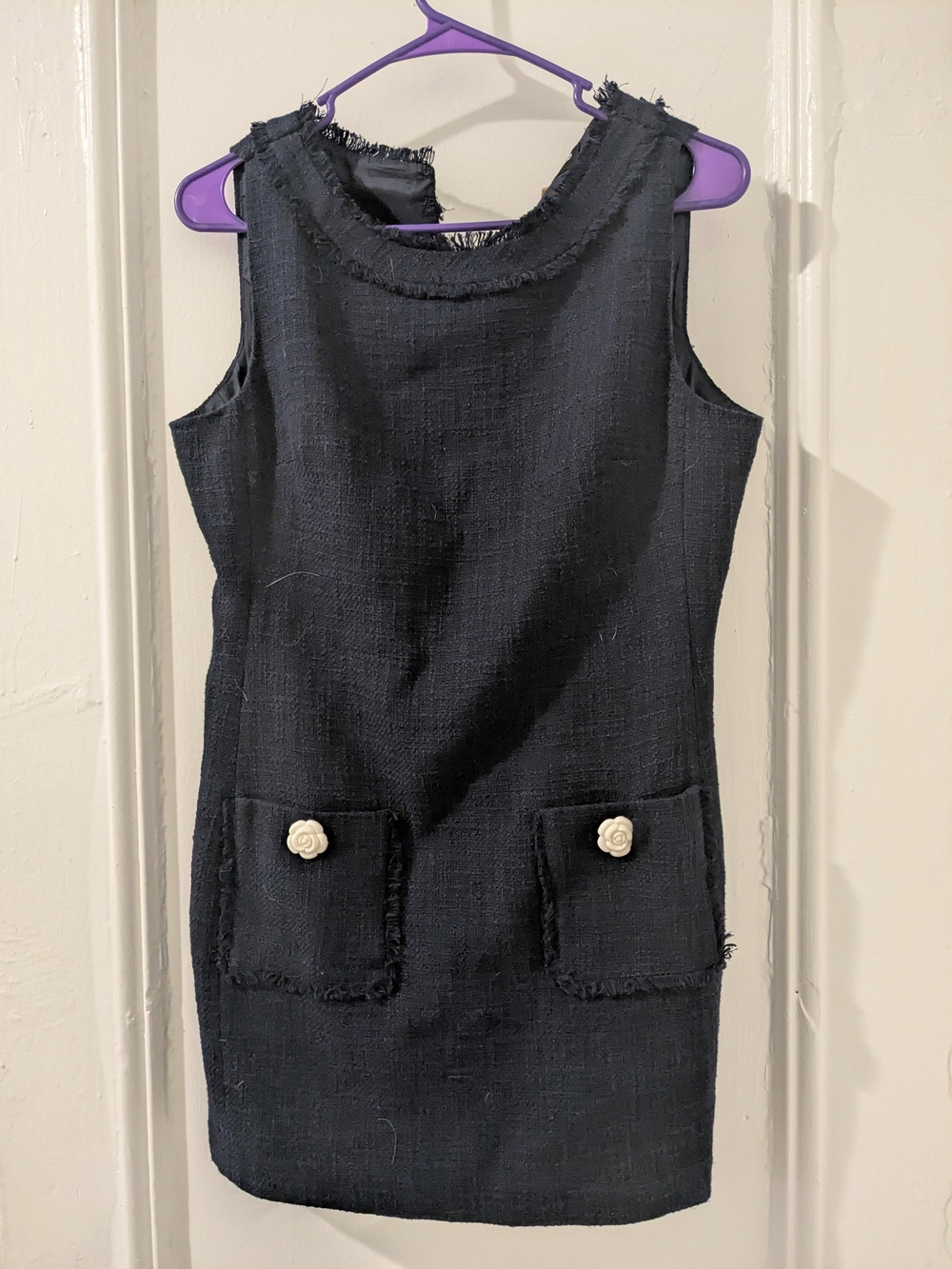 Karl Lagerfeld Navy Tweed Sleeveless Shift Dress with Ivory Flower Buttons